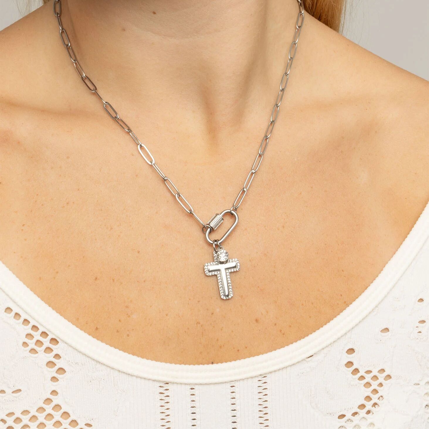 18K Gold PVD Stainless Steel Cross Charm with CZ Stone Boarder