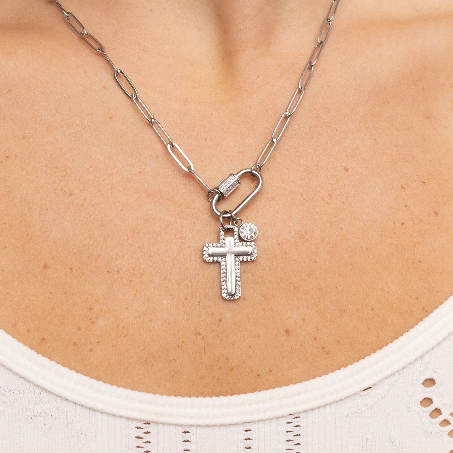 18K Gold PVD Stainless Steel Cross Charm with CZ Stone Boarder