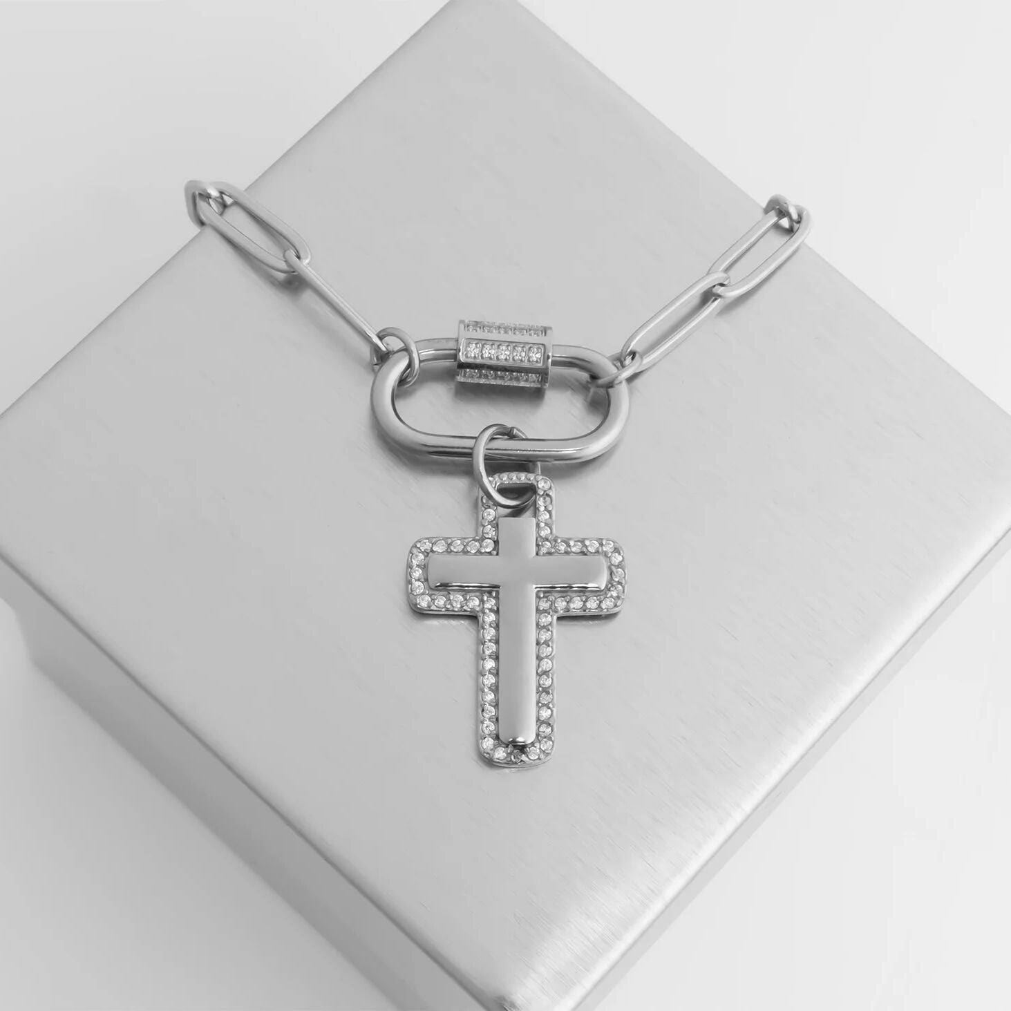 18K Gold PVD Stainless Steel Cross Charm with CZ Stone Boarder