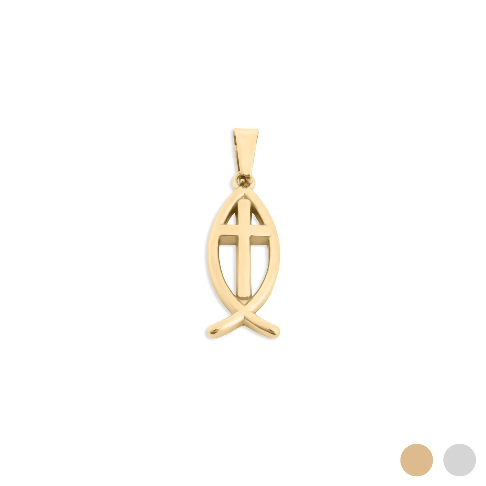 Gold fish pendant with cross symbol on a white background
