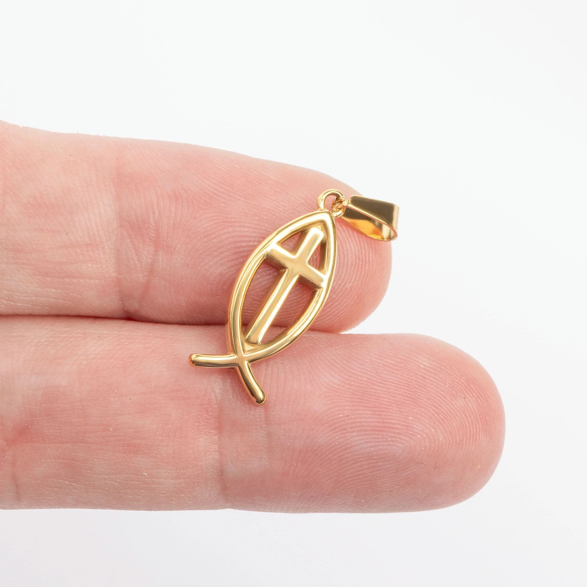 18K Gold PVD Stainless Steel Fish Charm with Cross Center