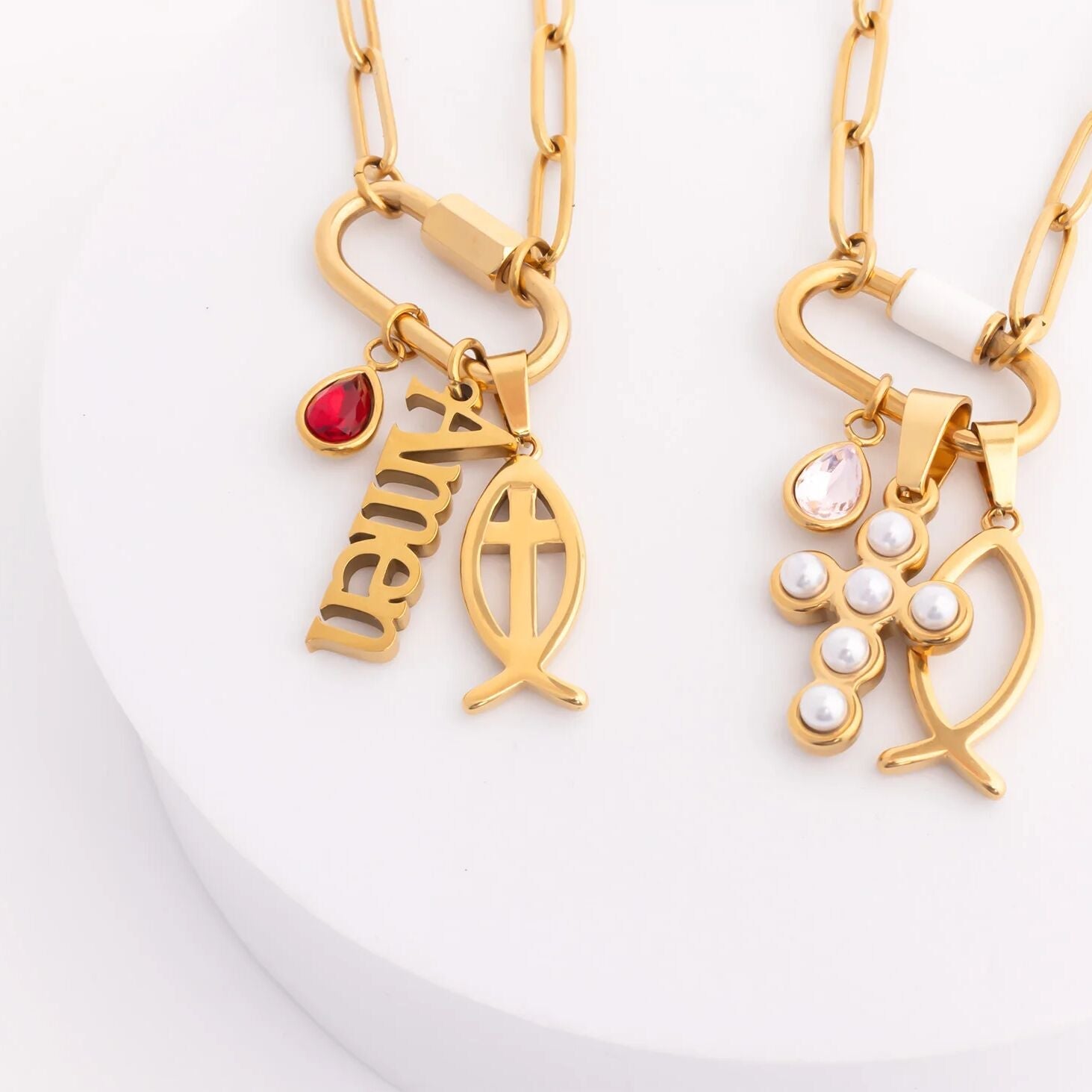 18K Gold PVD Stainless Steel Fish Charm with Cross Center