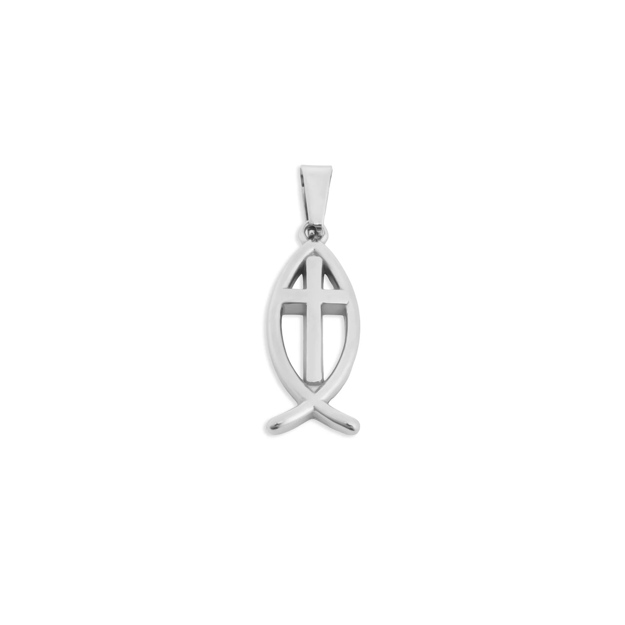 Silver fish pendant with cross on a white background