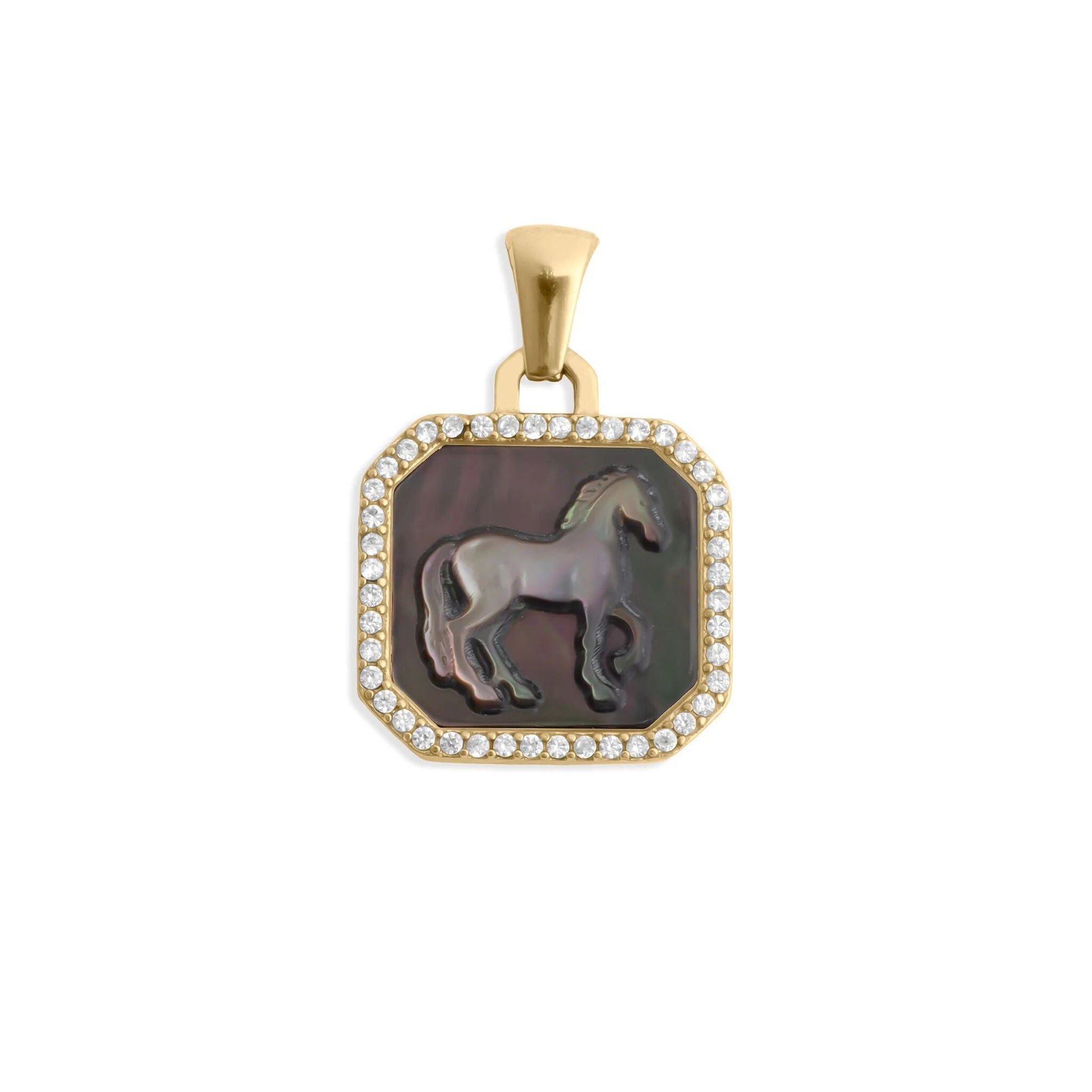 Gold pendant with a horse design and clear stones on a white background