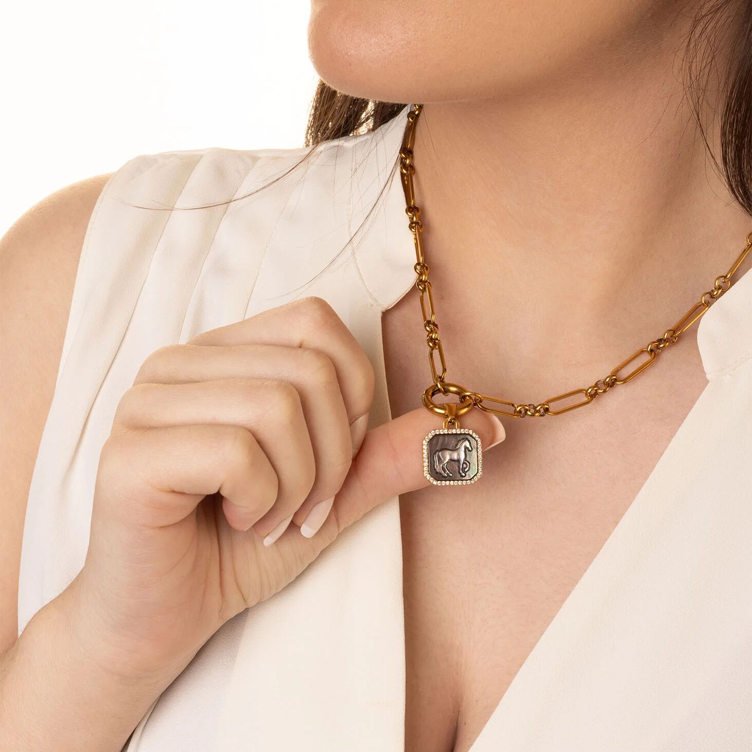 18K Gold PVD Stainless Steel MOP Horse Pendant With CZ Stone Boarder