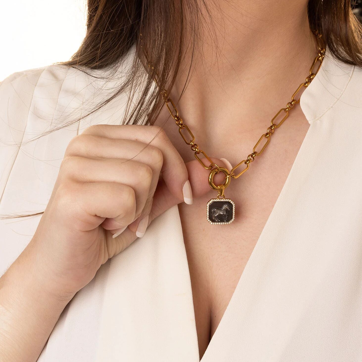 18K Gold PVD Stainless Steel MOP Horse Pendant With CZ Stone Boarder