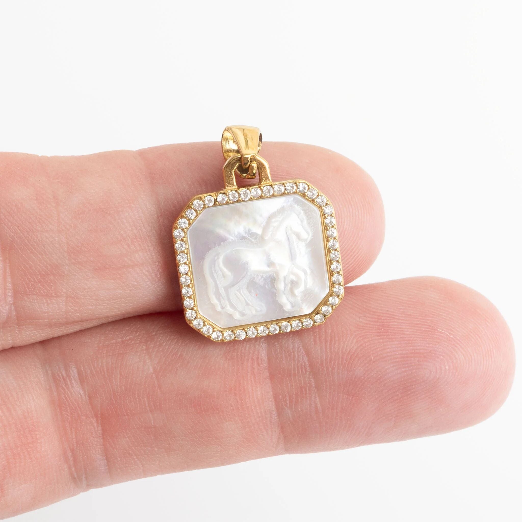 18K Gold PVD Stainless Steel MOP Horse Pendant With CZ Stone Boarder
