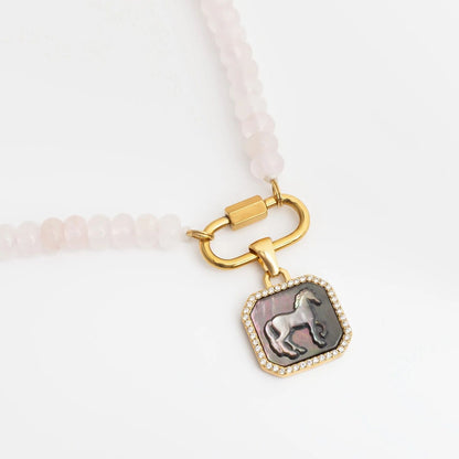 18K Gold PVD Stainless Steel MOP Horse Pendant With CZ Stone Boarder