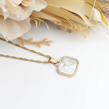 18K Gold PVD Stainless Steel MOP Horse Pendant With CZ Stone Boarder