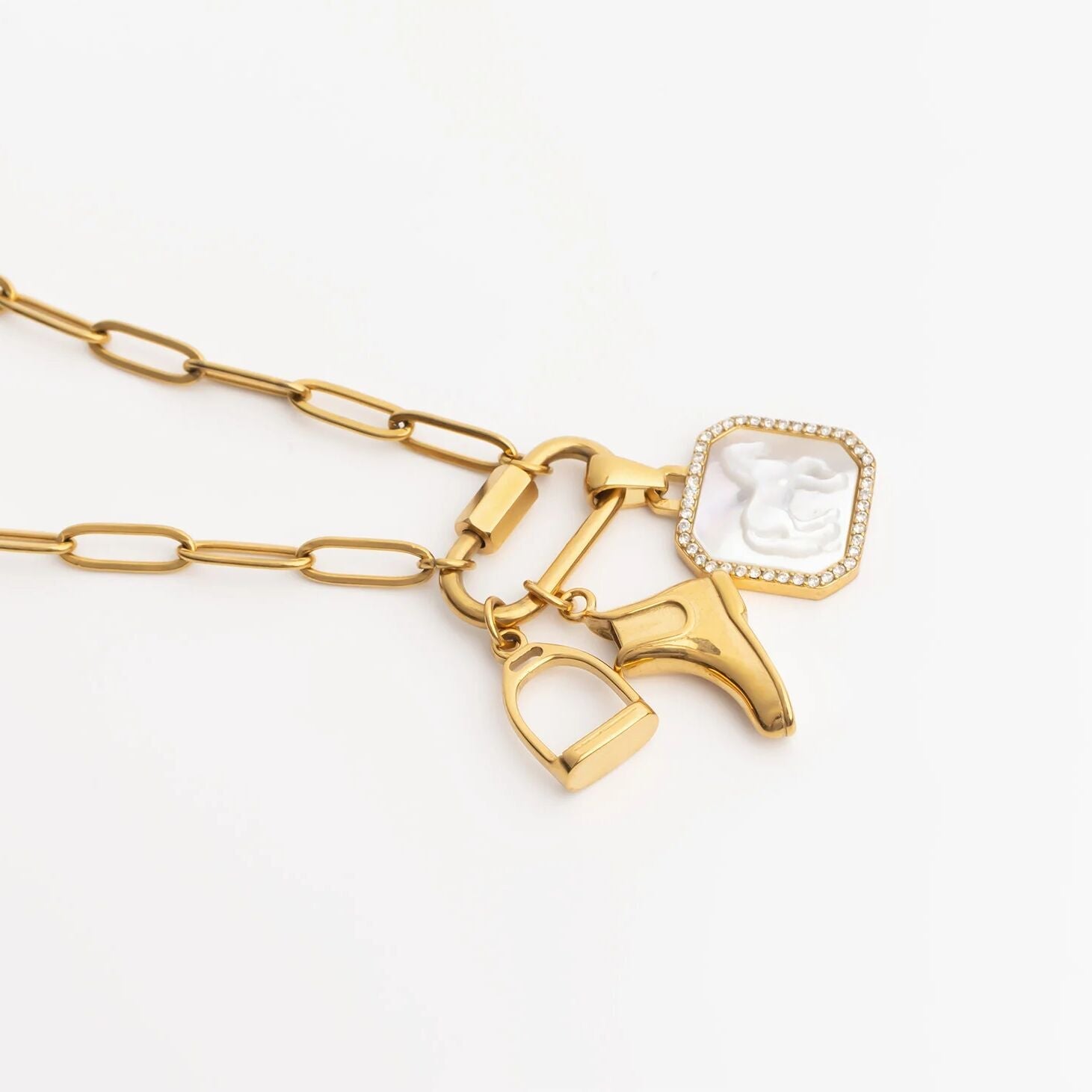 18K Gold PVD Stainless Steel MOP Horse Pendant With CZ Stone Boarder