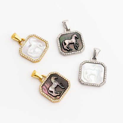18K Gold PVD Stainless Steel MOP Horse Pendant With CZ Stone Boarder