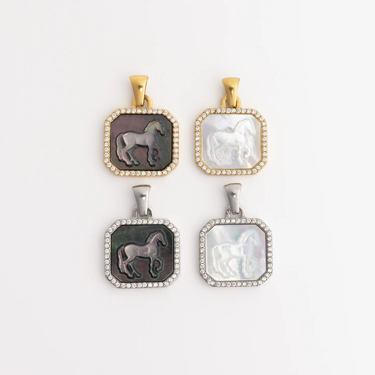 18K Gold PVD Stainless Steel MOP Horse Pendant With CZ Stone Boarder