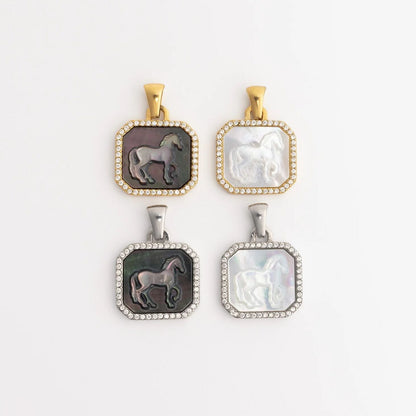 18K Gold PVD Stainless Steel MOP Horse Pendant With CZ Stone Boarder