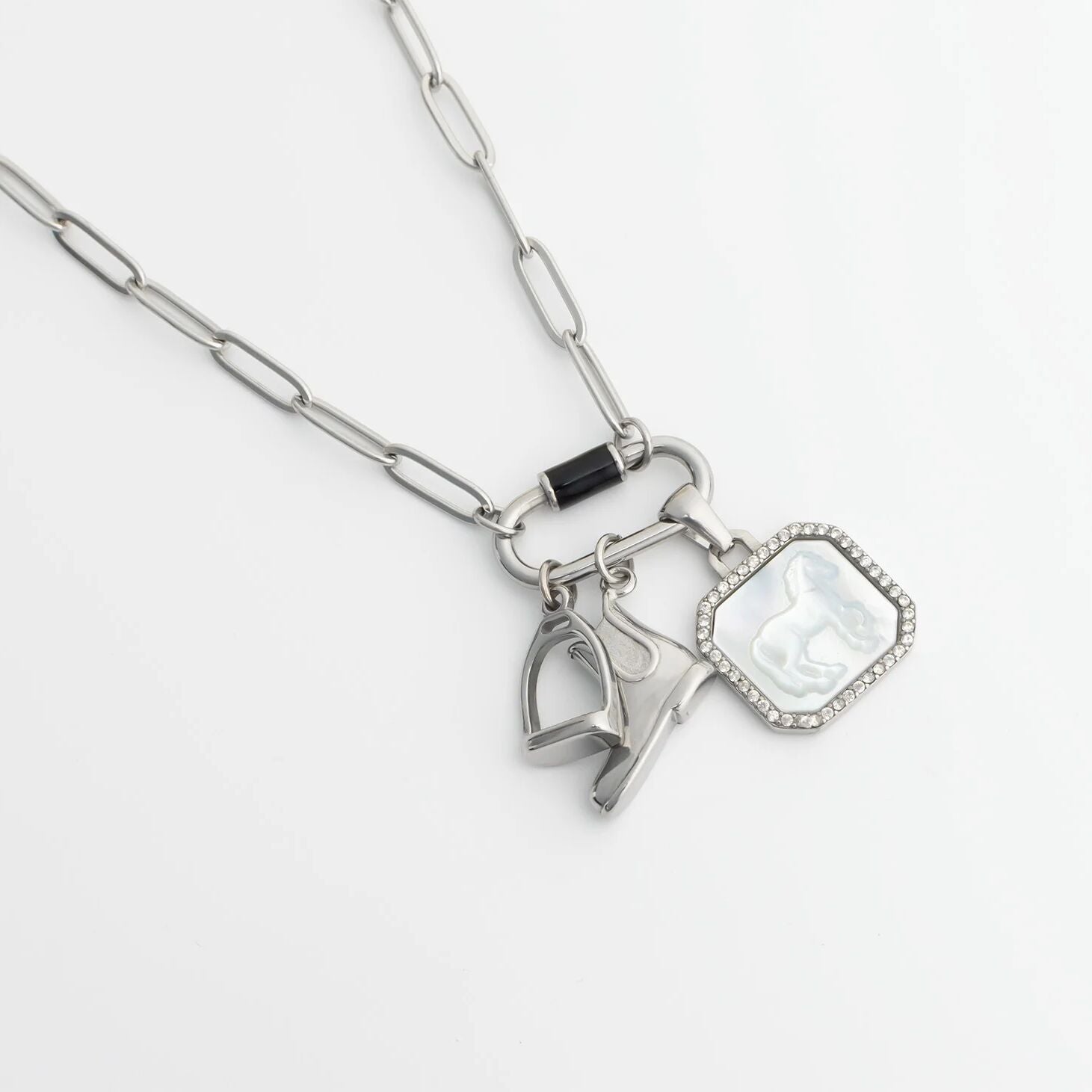 18K Gold PVD Stainless Steel MOP Horse Pendant With CZ Stone Boarder
