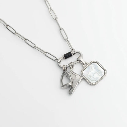 18K Gold PVD Stainless Steel MOP Horse Pendant With CZ Stone Boarder