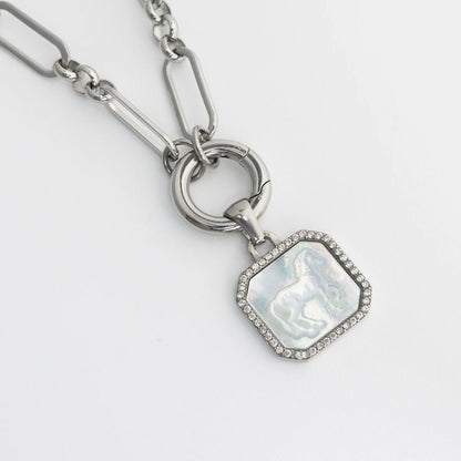 18K Gold PVD Stainless Steel MOP Horse Pendant With CZ Stone Boarder