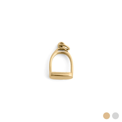 Gold stirrup charm on a white background