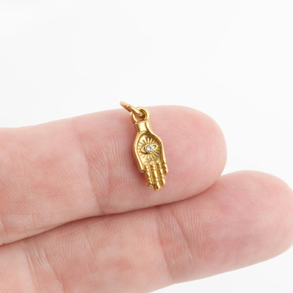 18K Gold PVD Stainless Steel Hamsa Hand with Stone Charm