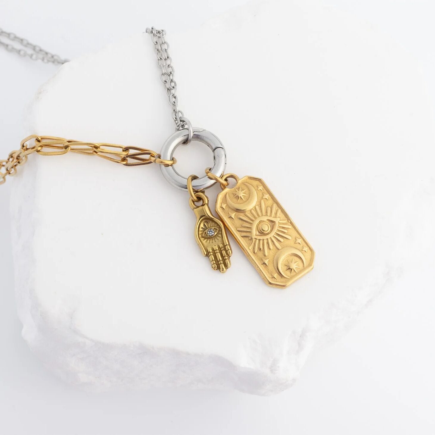 18K Gold PVD Stainless Steel Hamsa Hand with Stone Charm