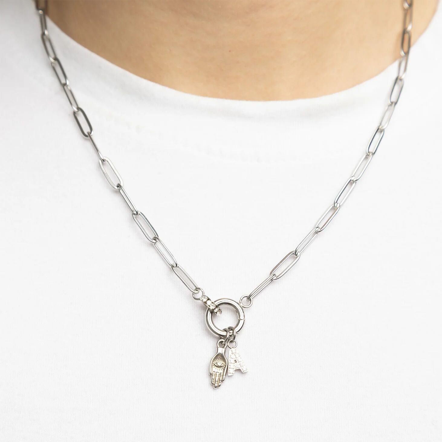 18K Gold PVD Stainless Steel Hamsa Hand with Stone Charm