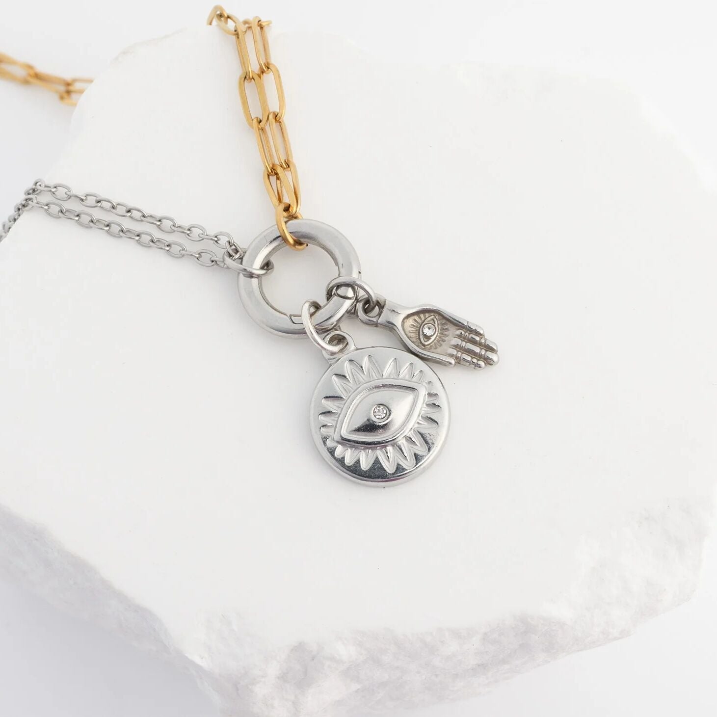 18K Gold PVD Stainless Steel Hamsa Hand with Stone Charm