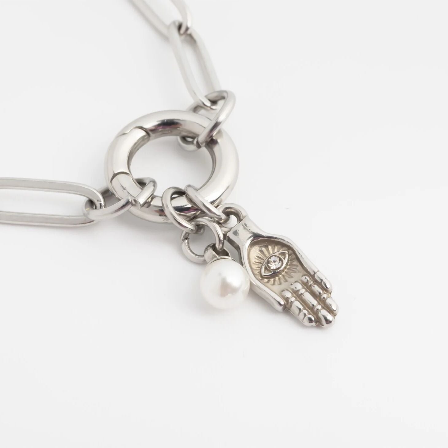 18K Gold PVD Stainless Steel Hamsa Hand with Stone Charm