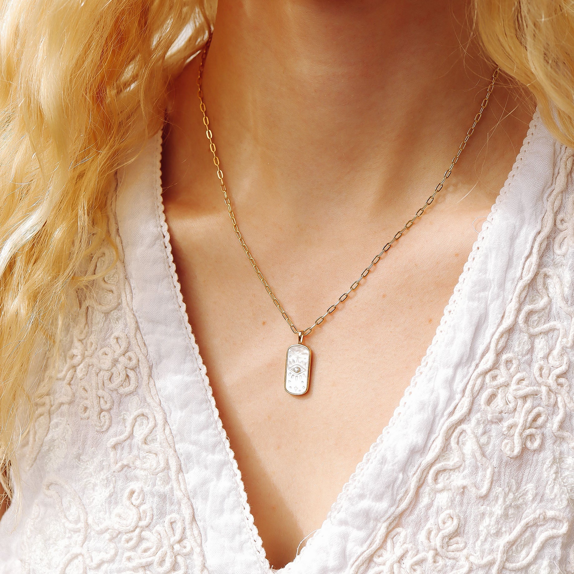 14K Gold Plated Sterling Silver Mother of Pearl Sunburst Mystical Paperclip Chain Necklace