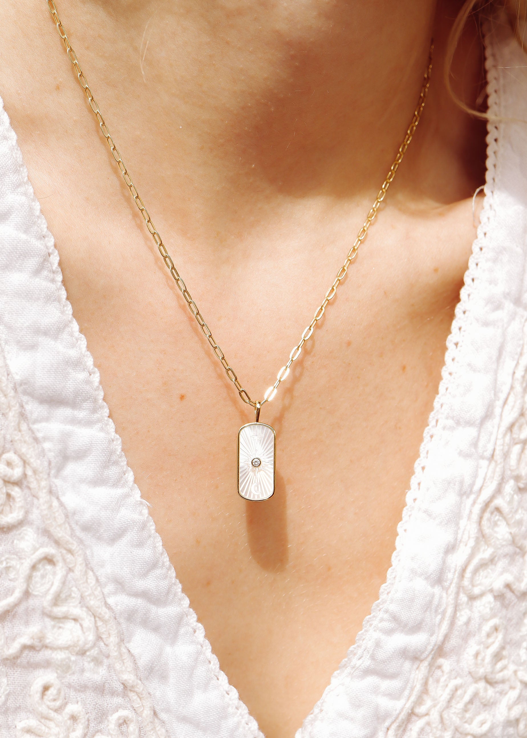 14K Gold Plated Sterling Silver Mother of Pearl Sunburst Mystical Paperclip Chain Necklace
