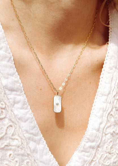 14K Gold Plated Sterling Silver Mother of Pearl Sunburst Mystical Paperclip Chain Necklace