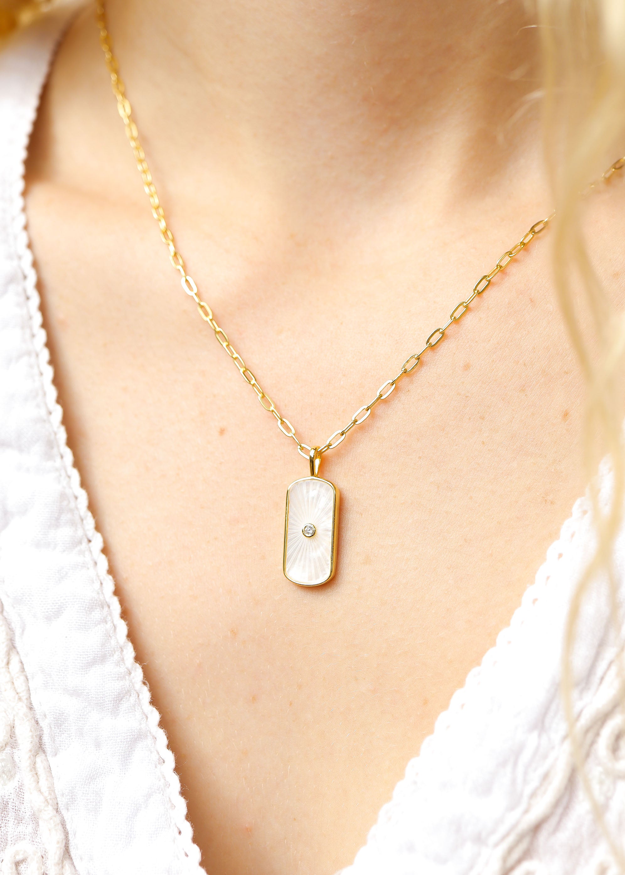 14K Gold Plated Sterling Silver Mother of Pearl Sunburst Mystical Paperclip Chain Necklace