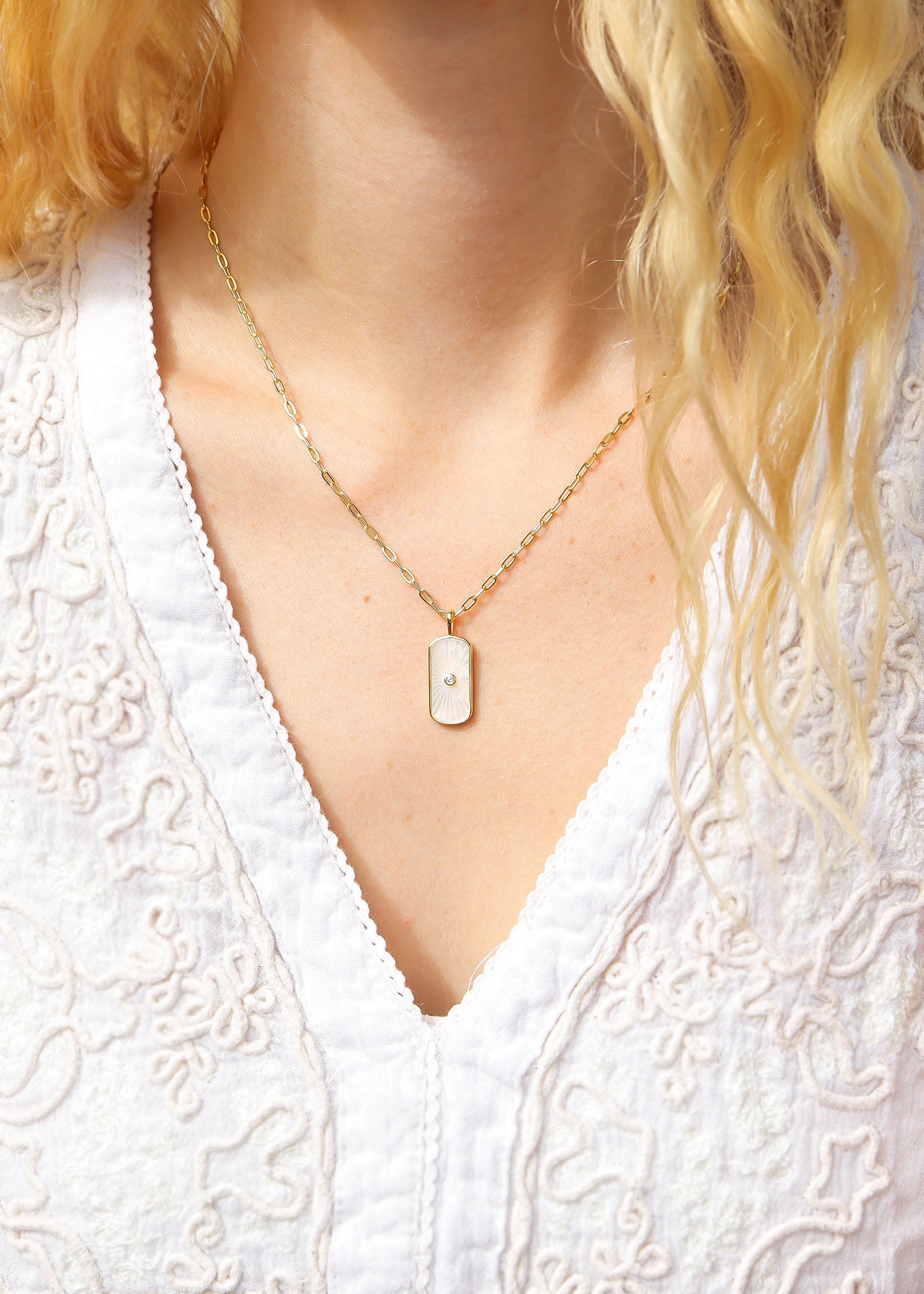 14K Gold Plated Sterling Silver Mother of Pearl Sunburst Mystical Paperclip Chain Necklace
