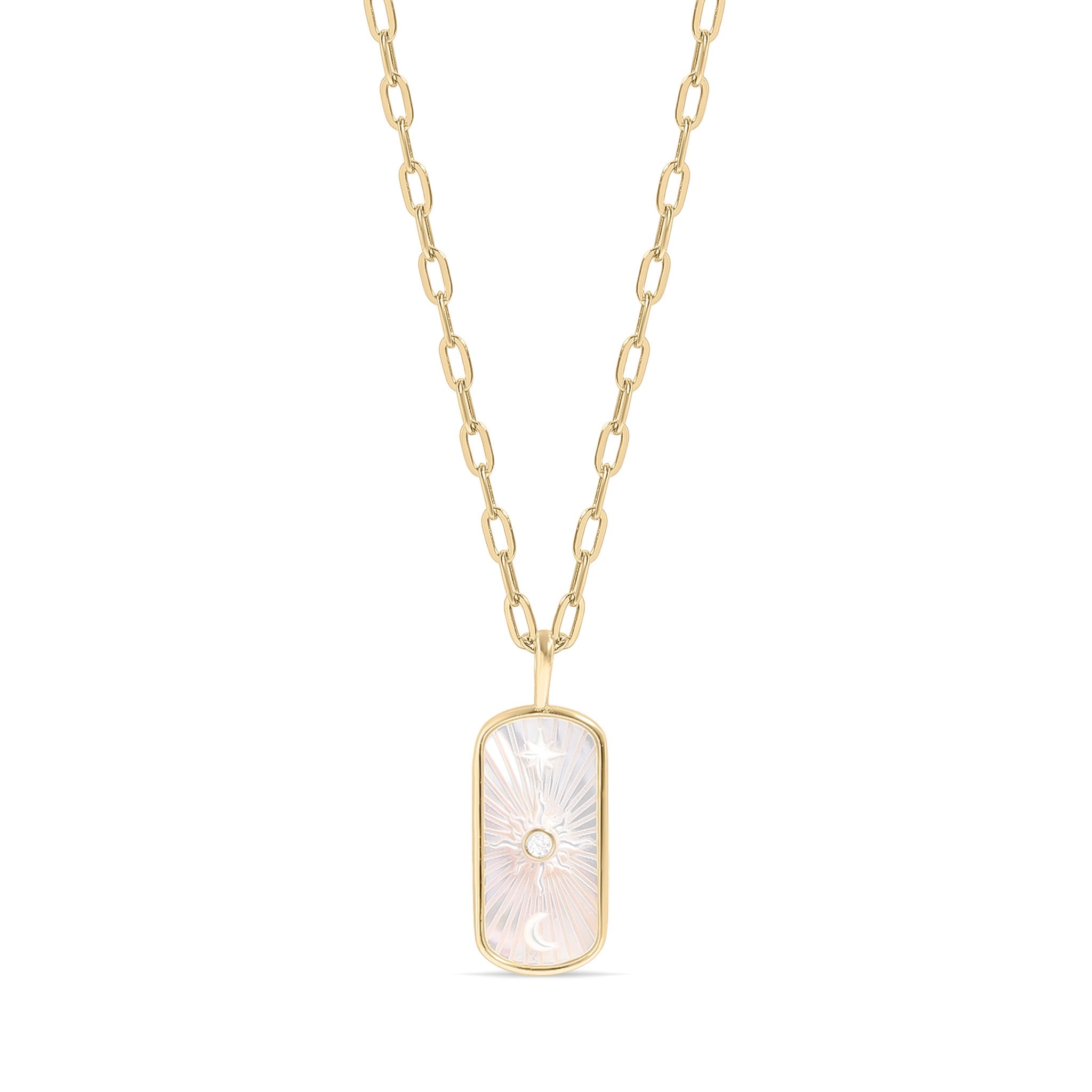 14K Gold Plated Sterling Silver Mother of Pearl Sunburst Mystical Paperclip Chain Necklace