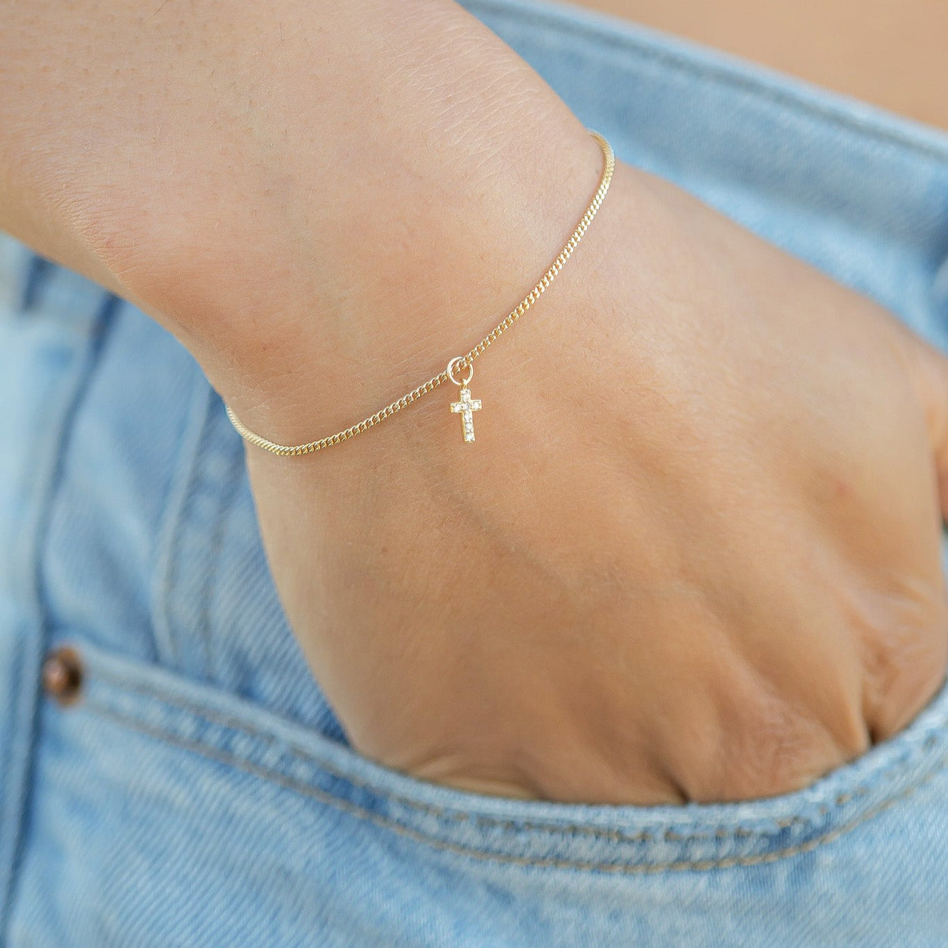 14K Solid Gold Diamond Cross Charm for Permanent Jewelry