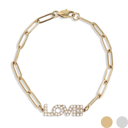 18K Gold PVD Stainless Steel CZ "Love" Paperclip Chain Bracelet