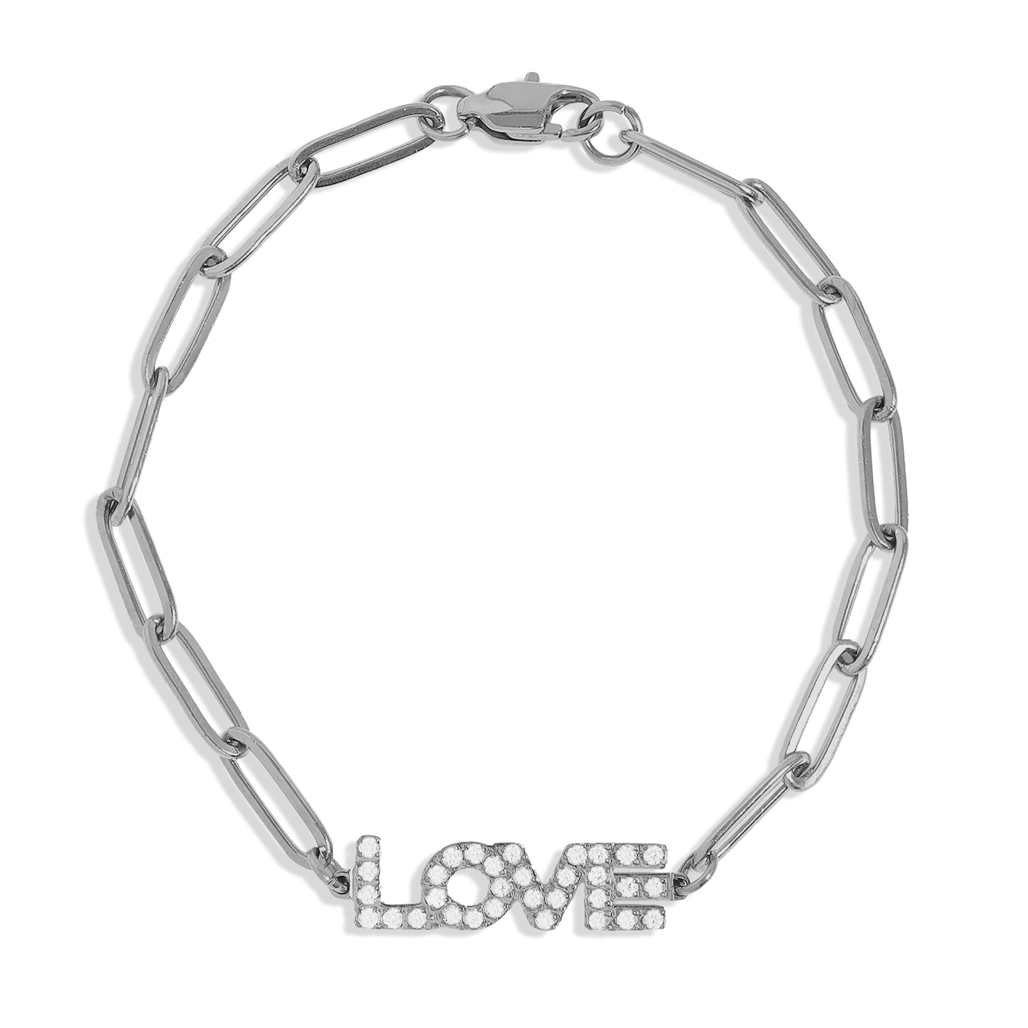18K Gold PVD Stainless Steel CZ "Love" Paperclip Chain Bracelet