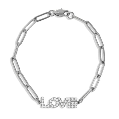 18K Gold PVD Stainless Steel CZ "Love" Paperclip Chain Bracelet