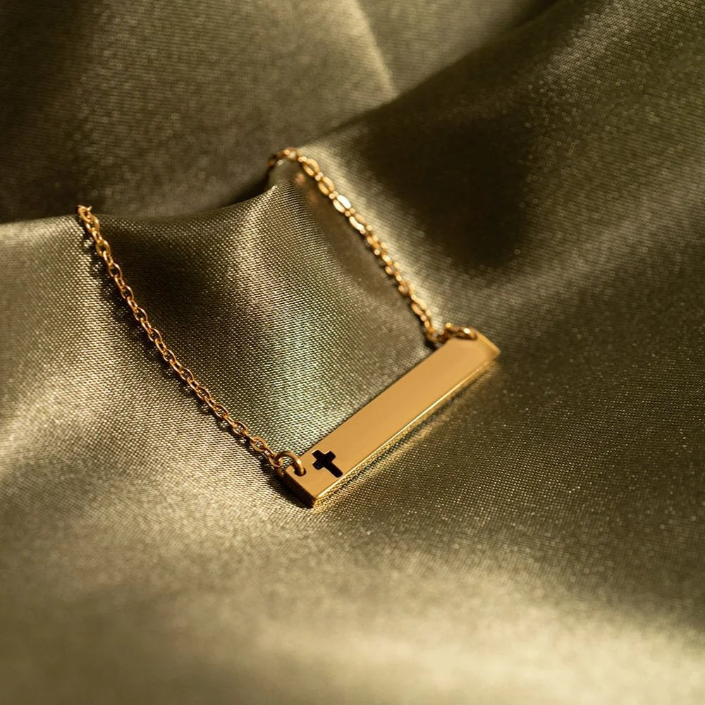 18K Gold PVD Stainless Steel Cutout Cross Blank Bar Necklace