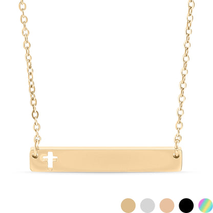18K Gold PVD Stainless Steel Cutout Cross Blank Bar Necklace