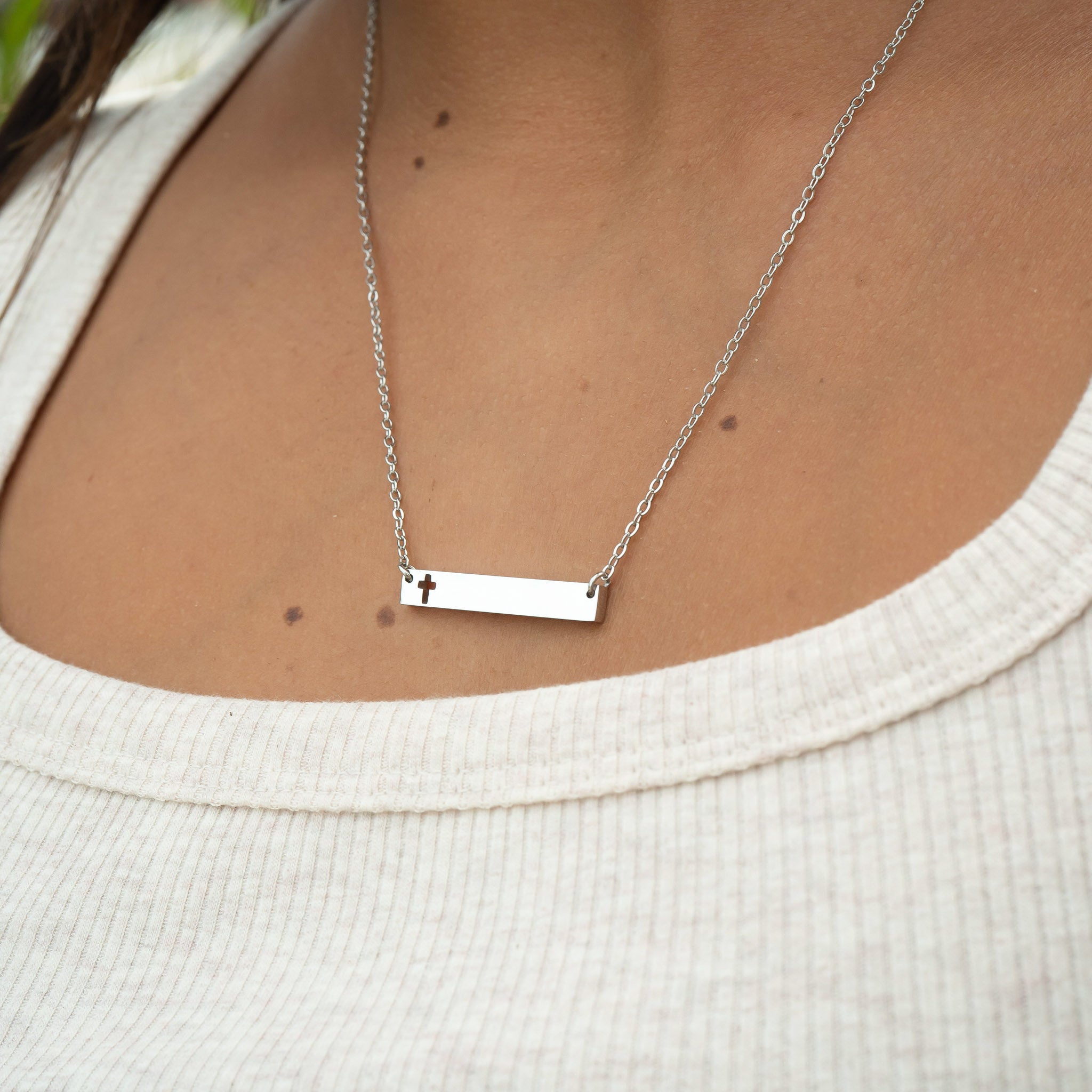 18K Gold PVD Stainless Steel Cutout Cross Blank Bar Necklace