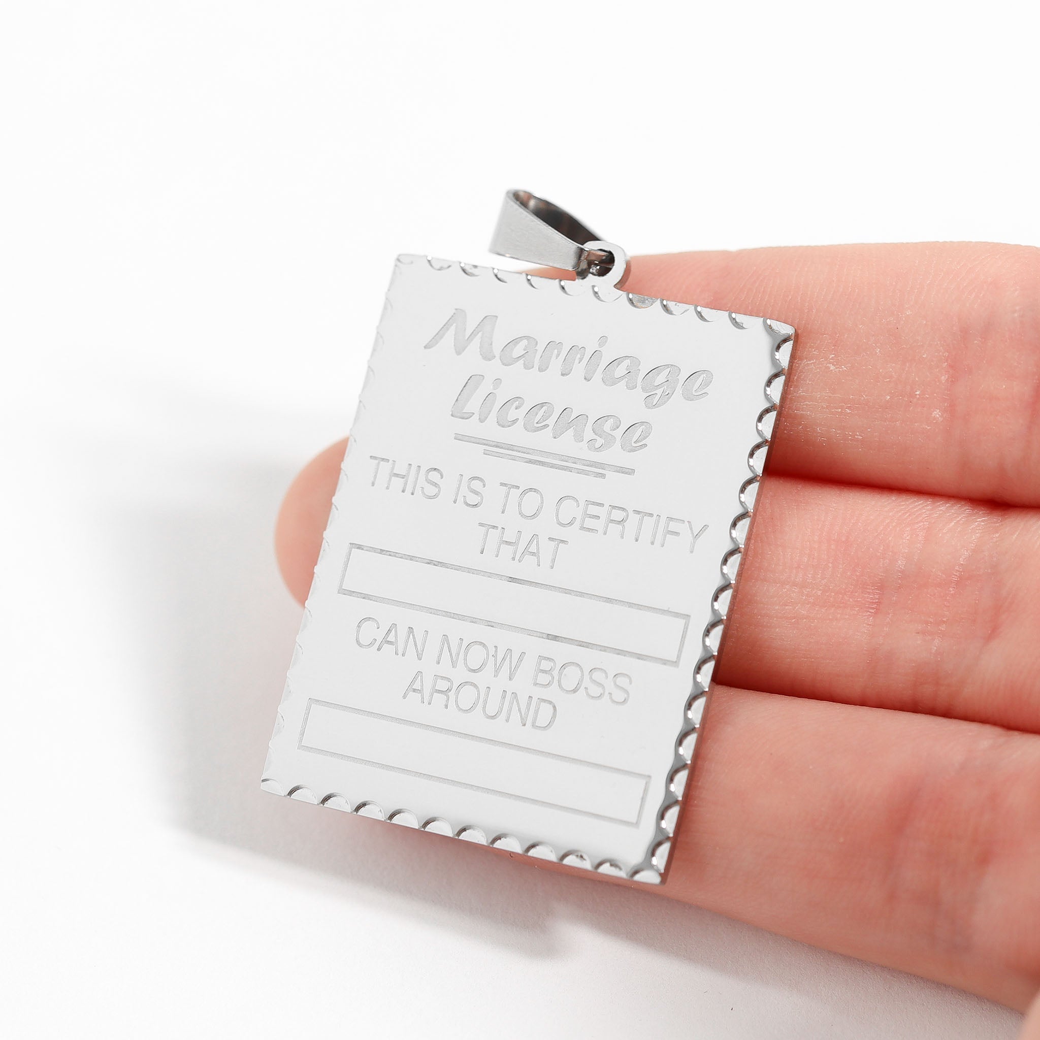 Stainless Steel "This is to certify that" Funny Marriage License Pendant