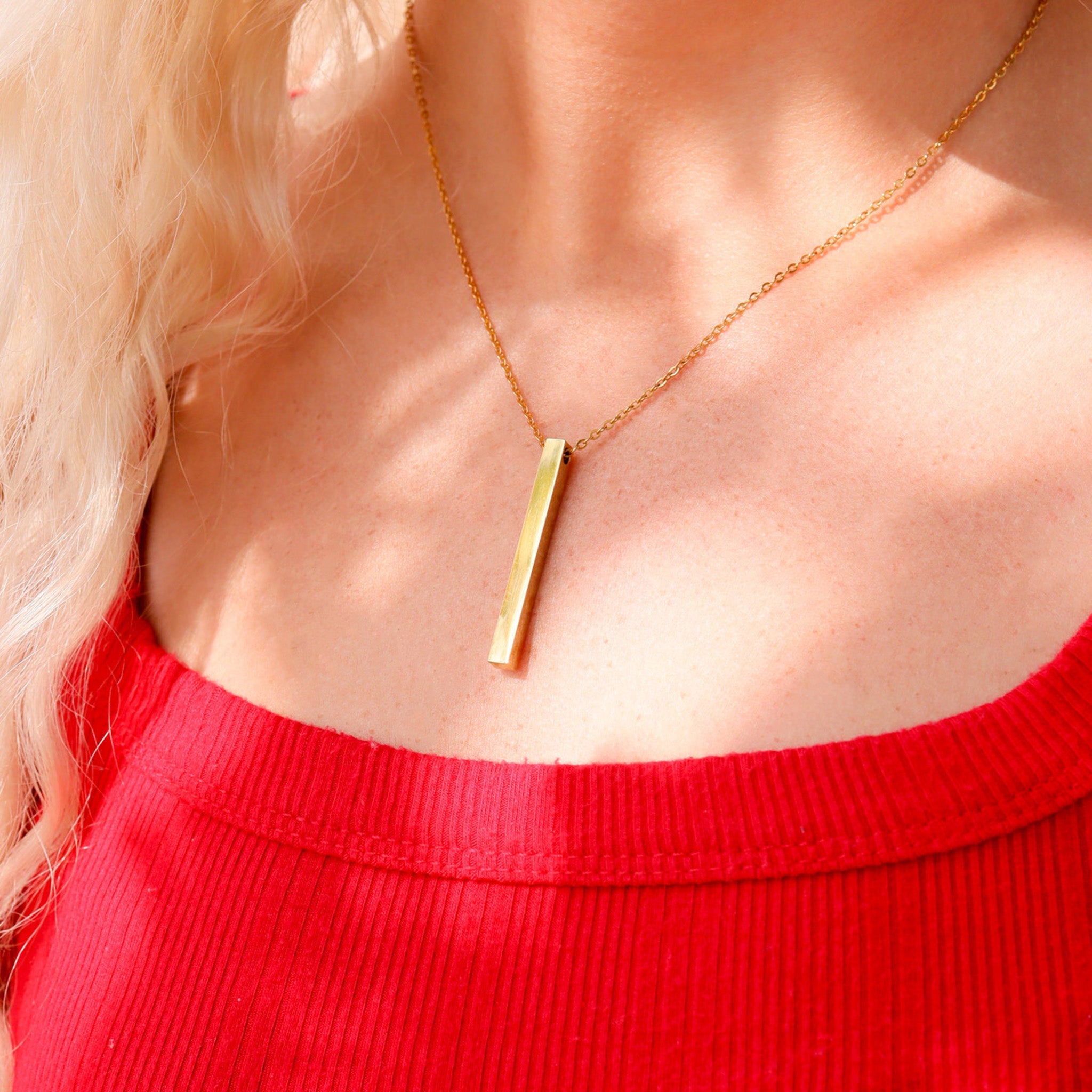 18K Gold PVD Stainless Steel Square 4 Sided Vertical Blank Bar Necklace