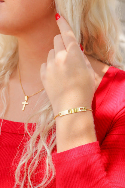 18K Gold PVD Stainless Steel Adjustable Curved Cutout Heart Blank Bar Bracelet
