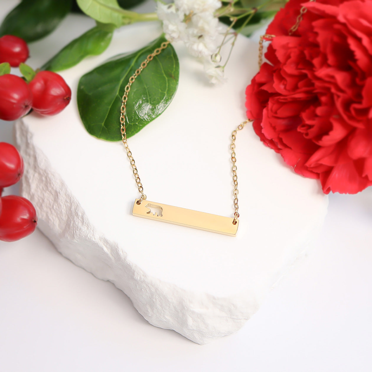 18K Gold PVD Stainless Steel Mama Bear Horizontal Bar Necklace