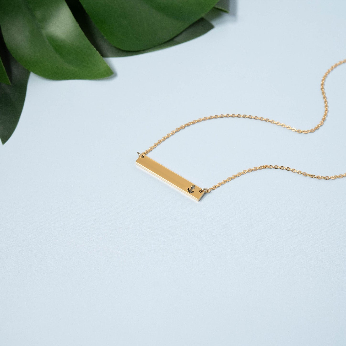 18K Gold PVD Stainless Steel Anchor Cutout Horizontal Blank Bar Necklace