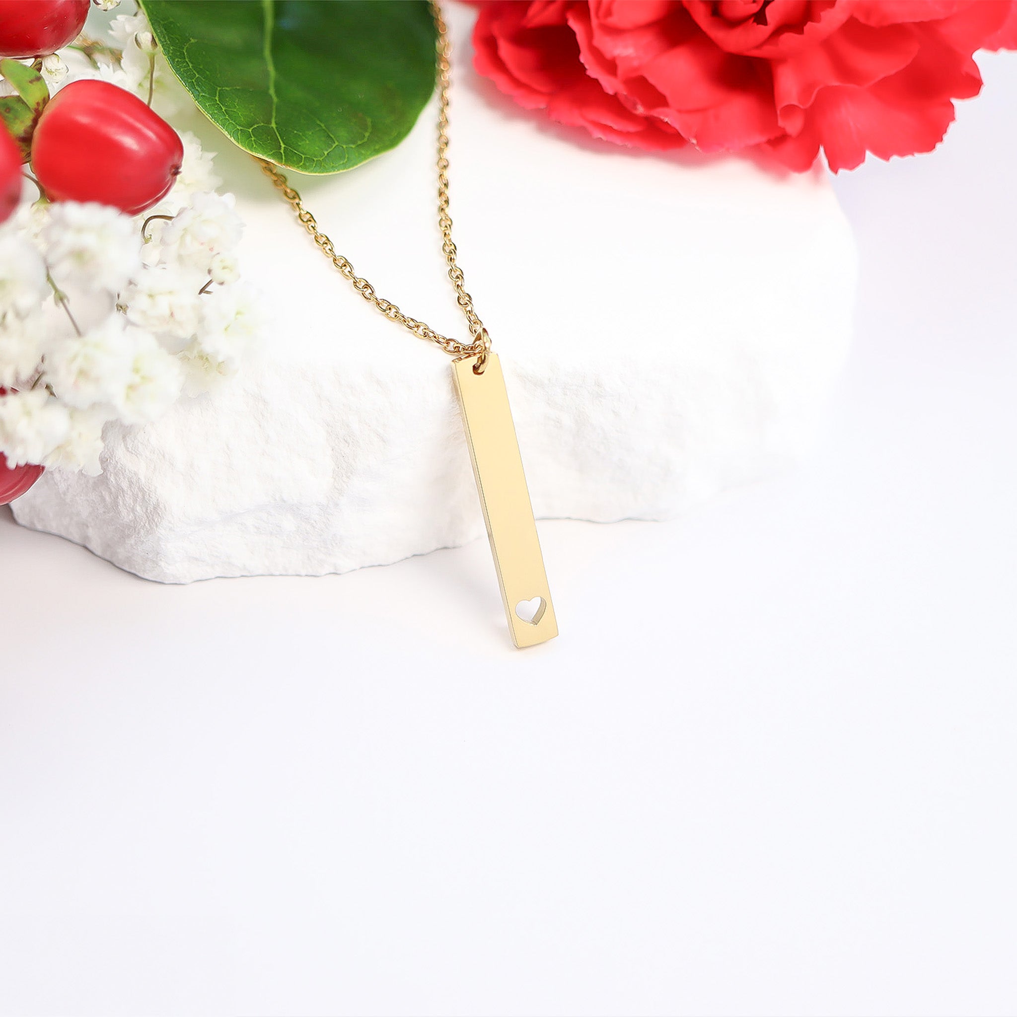 18K Gold PVD Stainless Steel Heart Cutout Vertical Bar Necklace