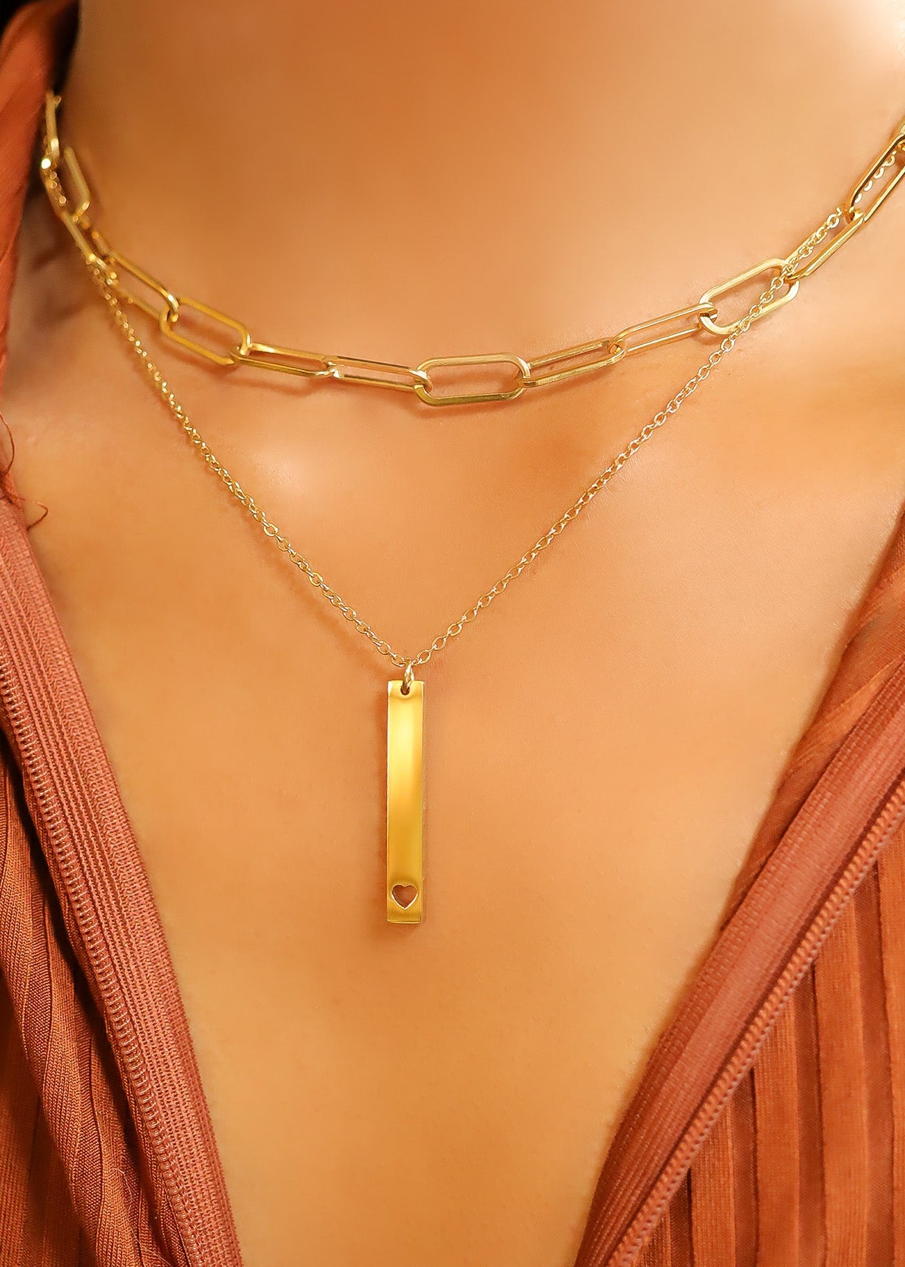 18K Gold PVD Stainless Steel Heart Cutout Vertical Bar Necklace