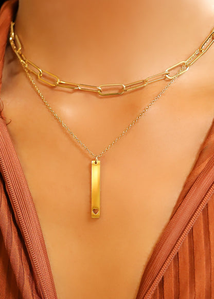 18K Gold PVD Stainless Steel Heart Cutout Vertical Bar Necklace