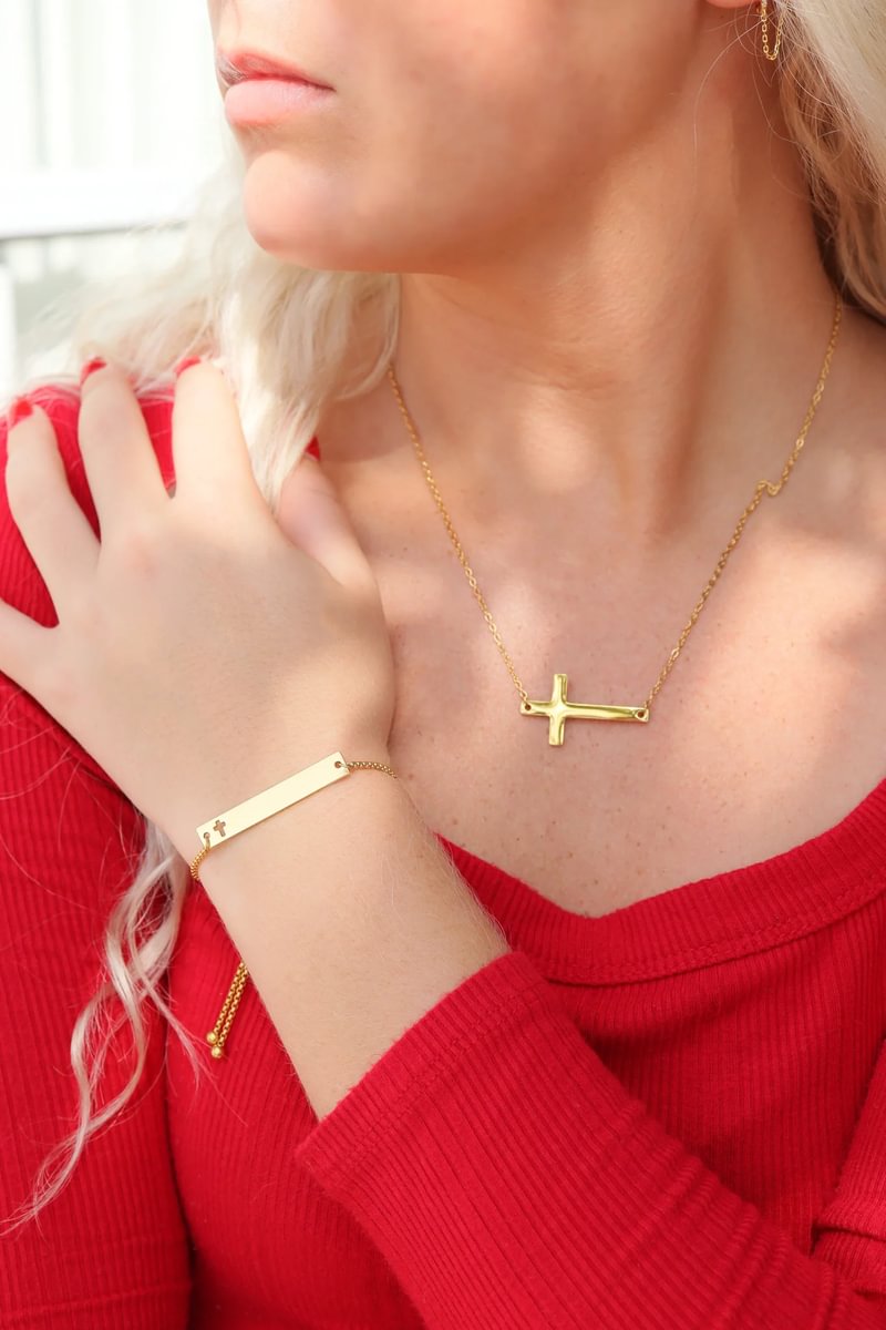 18K Gold PVD Stainless Steel Horizontal Blank Cross Necklace