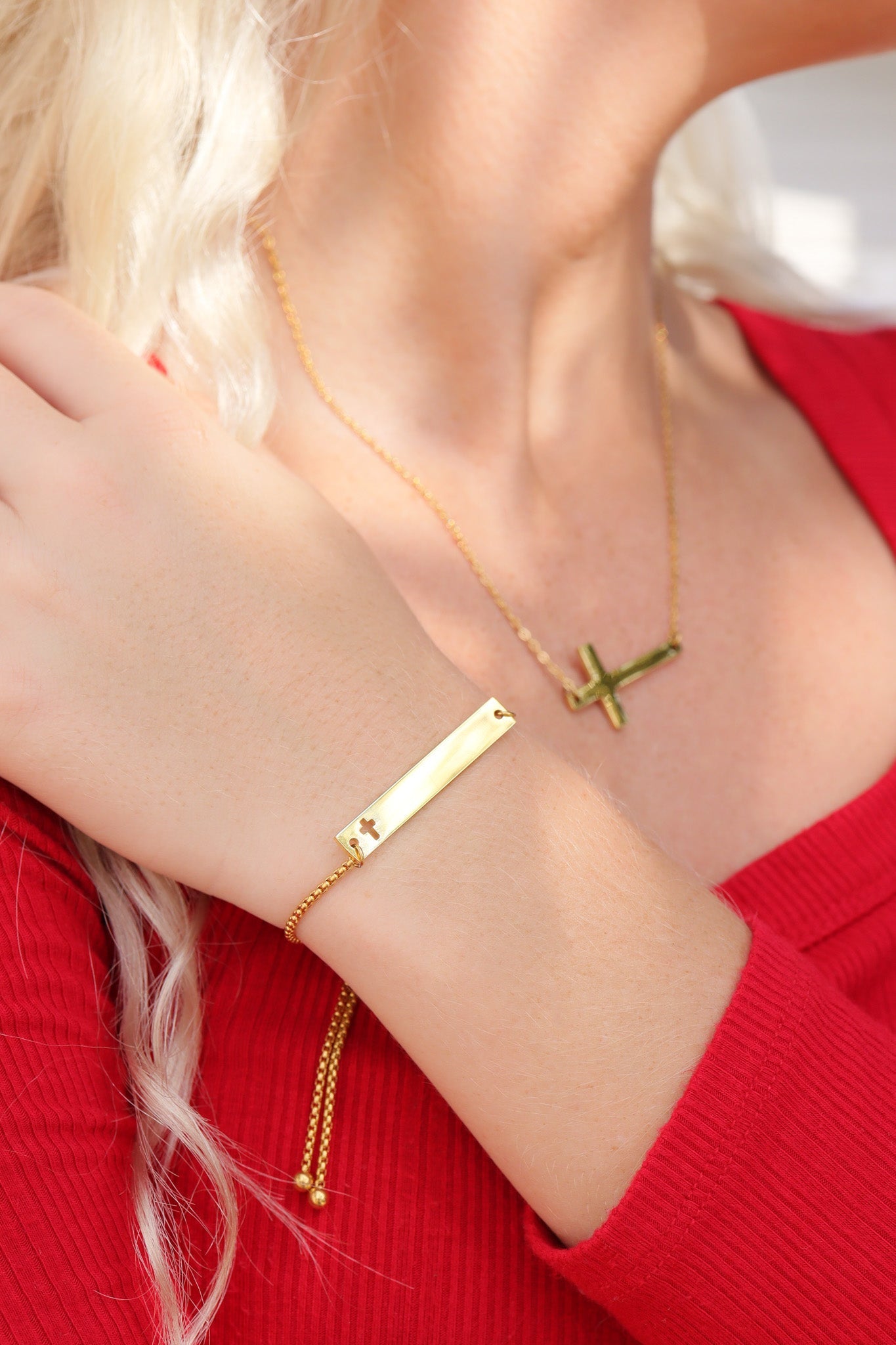 18K Gold PVD Stainless Steel Flat Adjustable Cross Cutout Blank Bar Bracelet