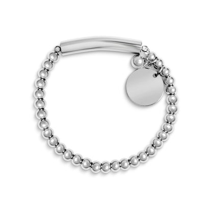 18K Gold PVD Stainless Steel Beaded Stretch Bracelet with Engravable Charm